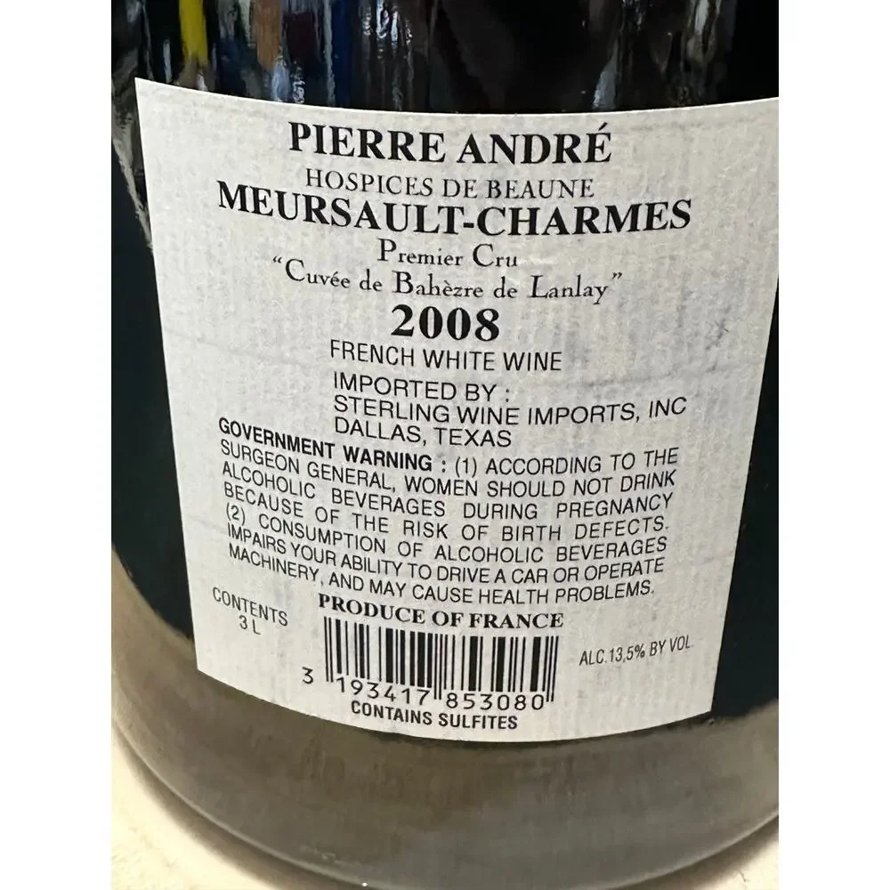 Hospices de Beaune 2008 Meursault-Charmes Empty 3L Jeroboam Burgundy Wine Bottle